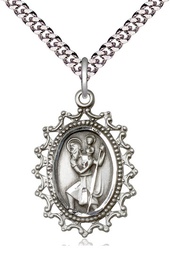 [1619CSS/24S] Sterling Silver Saint Christopher Pendant on a 24 inch Light Rhodium Heavy Curb chain