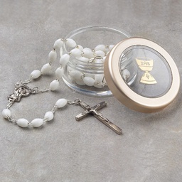 [7654/WH] Communion White Rosary &amp; Box - Communion