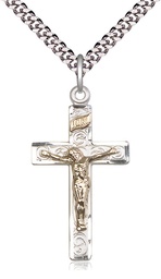 [2652GF/SS/24S] Two-Tone GF/SS Crucifix Pendant on a 24 inch Light Rhodium Heavy Curb chain