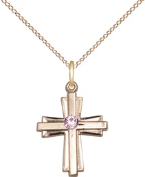 [0675YGF-STN6/18GF] 14kt Gold Filled Cross Pendant with a 3mm Light Amethyst Swarovski stone on a 18 inch Gold Filled Light Curb chain