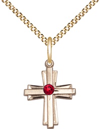 [0675YGF-STN7/18G] 14kt Gold Filled Cross Pendant with a 3mm Ruby Swarovski stone on a 18 inch Gold Plate Light Curb chain
