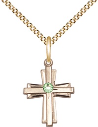 [0675YGF-STN8/18G] 14kt Gold Filled Cross Pendant with a 3mm Peridot Swarovski stone on a 18 inch Gold Plate Light Curb chain