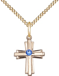 [0675YGF-STN9/18G] 14kt Gold Filled Cross Pendant with a 3mm Sapphire Swarovski stone on a 18 inch Gold Plate Light Curb chain