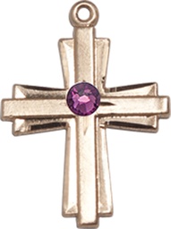 [0675YKT-STN2] 14kt Gold Cross Medal with a 3mm Amethyst Swarovski stone