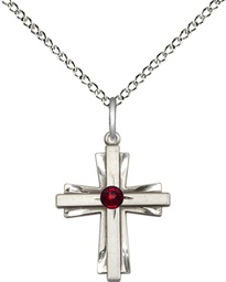 [0675YSS-STN1/18SS] Sterling Silver Cross Pendant with a 3mm Garnet Swarovski stone on a 18 inch Sterling Silver Light Curb chain