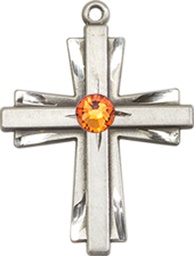 [0675YSS-STN11] Sterling Silver Cross Medal with a 3mm Topaz Swarovski stone