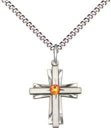 [0675YSS-STN11/18S] Sterling Silver Cross Pendant with a 3mm Topaz Swarovski stone on a 18 inch Light Rhodium Light Curb chain