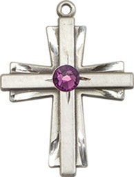 [0675YSS-STN2] Sterling Silver Cross Medal with a 3mm Amethyst Swarovski stone