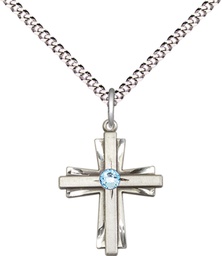 [0675YSS-STN3/18S] Sterling Silver Cross Pendant with a 3mm Aqua Swarovski stone on a 18 inch Light Rhodium Light Curb chain