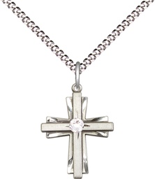 [0675YSS-STN4/18S] Sterling Silver Cross Pendant with a 3mm Crystal Swarovski stone on a 18 inch Light Rhodium Light Curb chain