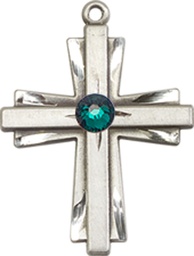 [0675YSS-STN5] Sterling Silver Cross Medal with a 3mm Emerald Swarovski stone