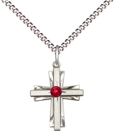 [0675YSS-STN7/18S] Sterling Silver Cross Pendant with a 3mm Ruby Swarovski stone on a 18 inch Light Rhodium Light Curb chain