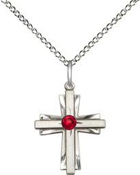 [0675YSS-STN7/18SS] Sterling Silver Cross Pendant with a 3mm Ruby Swarovski stone on a 18 inch Sterling Silver Light Curb chain