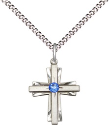 [0675YSS-STN9/18S] Sterling Silver Cross Pendant with a 3mm Sapphire Swarovski stone on a 18 inch Light Rhodium Light Curb chain