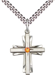 [0676YSS-STN11/24S] Sterling Silver Cross Pendant with a 3mm Topaz Swarovski stone on a 24 inch Light Rhodium Heavy Curb chain
