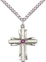 [0676YSS-STN2/24SS] Sterling Silver Cross Pendant with a 3mm Amethyst Swarovski stone on a 24 inch Sterling Silver Heavy Curb chain