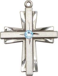 [0676YSS-STN3] Sterling Silver Cross Medal with a 3mm Aqua Swarovski stone