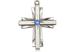 [0676YSS-STN9] Sterling Silver Cross Medal with a 3mm Sapphire Swarovski stone