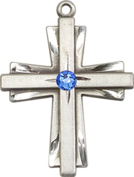 [0676YSS-STN9] Sterling Silver Cross Medal with a 3mm Sapphire Swarovski stone