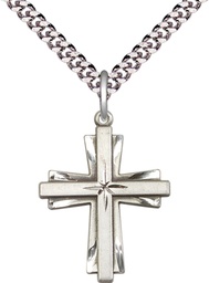 [0676YSS/24S] Sterling Silver Cross Pendant on a 24 inch Light Rhodium Heavy Curb chain