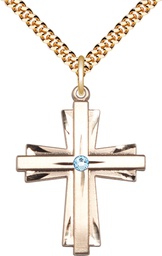 [0677YGF-STN3/24G] 14kt Gold Filled Cross Pendant with a 3mm Aqua Swarovski stone on a 24 inch Gold Plate Heavy Curb chain