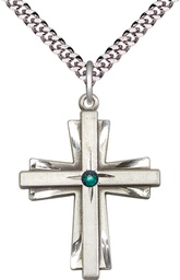 [0677YSS-STN5/24S] Sterling Silver Cross Pendant with a 3mm Emerald Swarovski stone on a 24 inch Light Rhodium Heavy Curb chain