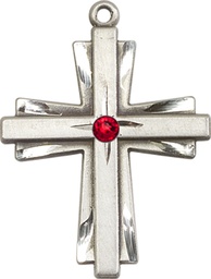 [0677YSS-STN7] Sterling Silver Cross Medal with a 3mm Ruby Swarovski stone