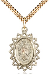 [1619FGF/24G] 14kt Gold Filled Our Lady of Guadalupe Pendant on a 24 inch Gold Plate Heavy Curb chain