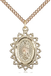 [1619FGF/24GF] 14kt Gold Filled Our Lady of Guadalupe Pendant on a 24 inch Gold Filled Heavy Curb chain