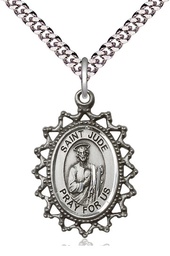 [1619JSS/24S] Sterling Silver Saint Jude Pendant on a 24 inch Light Rhodium Heavy Curb chain
