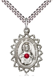 [1619SSS-STN7/24S] Sterling Silver Scapular w/ Ruby Stone Pendant with a 3mm Ruby Swarovski stone on a 24 inch Light Rhodium Heavy Curb chain