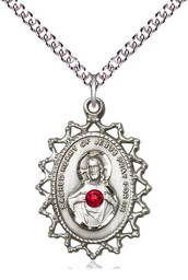 [1619SSS-STN7/24SS] Sterling Silver Scapular w/ Ruby Stone Pendant with a 3mm Ruby Swarovski stone on a 24 inch Sterling Silver Heavy Curb chain