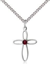 [1707SS-STN1/18S] Sterling Silver Loop Cross Pendant with a 3mm Garnet Swarovski stone on a 18 inch Light Rhodium Light Curb chain