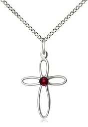 [1707SS-STN1/18SS] Sterling Silver Loop Cross Pendant with a 3mm Garnet Swarovski stone on a 18 inch Sterling Silver Light Curb chain