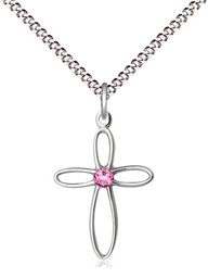 [1707SS-STN10/18S] Sterling Silver Loop Cross Pendant with a 3mm Rose Swarovski stone on a 18 inch Light Rhodium Light Curb chain