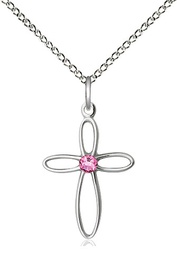 [1707SS-STN10/18SS] Sterling Silver Loop Cross Pendant with a 3mm Rose Swarovski stone on a 18 inch Sterling Silver Light Curb chain