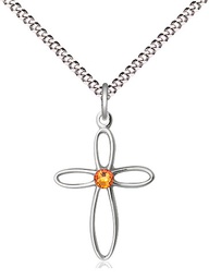 [1707SS-STN11/18S] Sterling Silver Loop Cross Pendant with a 3mm Topaz Swarovski stone on a 18 inch Light Rhodium Light Curb chain