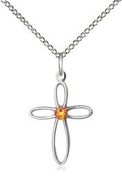 [1707SS-STN11/18SS] Sterling Silver Loop Cross Pendant with a 3mm Topaz Swarovski stone on a 18 inch Sterling Silver Light Curb chain