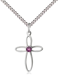[1707SS-STN2/18S] Sterling Silver Loop Cross Pendant with a 3mm Amethyst Swarovski stone on a 18 inch Light Rhodium Light Curb chain