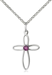 [1707SS-STN2/18SS] Sterling Silver Loop Cross Pendant with a 3mm Amethyst Swarovski stone on a 18 inch Sterling Silver Light Curb chain