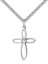 [1707SS-STN3/18S] Sterling Silver Loop Cross Pendant with a 3mm Aqua Swarovski stone on a 18 inch Light Rhodium Light Curb chain