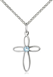 [1707SS-STN3/18SS] Sterling Silver Loop Cross Pendant with a 3mm Aqua Swarovski stone on a 18 inch Sterling Silver Light Curb chain