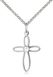 [1707SS-STN4/18SS] Sterling Silver Loop Cross Pendant with a 3mm Crystal Swarovski stone on a 18 inch Sterling Silver Light Curb chain