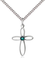 [1707SS-STN5/18S] Sterling Silver Loop Cross Pendant with a 3mm Emerald Swarovski stone on a 18 inch Light Rhodium Light Curb chain