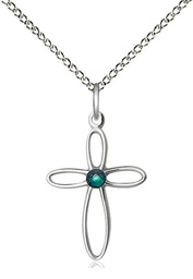 [1707SS-STN5/18SS] Sterling Silver Loop Cross Pendant with a 3mm Emerald Swarovski stone on a 18 inch Sterling Silver Light Curb chain
