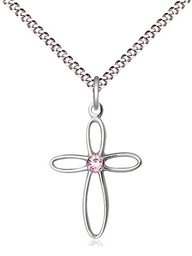 [1707SS-STN6/18S] Sterling Silver Loop Cross Pendant with a 3mm Light Amethyst Swarovski stone on a 18 inch Light Rhodium Light Curb chain