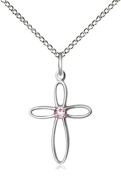 [1707SS-STN6/18SS] Sterling Silver Loop Cross Pendant with a 3mm Light Amethyst Swarovski stone on a 18 inch Sterling Silver Light Curb chain
