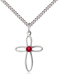 [1707SS-STN7/18S] Sterling Silver Loop Cross Pendant with a 3mm Ruby Swarovski stone on a 18 inch Light Rhodium Light Curb chain