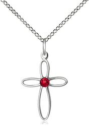 [1707SS-STN7/18SS] Sterling Silver Loop Cross Pendant with a 3mm Ruby Swarovski stone on a 18 inch Sterling Silver Light Curb chain