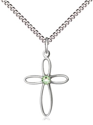 [1707SS-STN8/18S] Sterling Silver Loop Cross Pendant with a 3mm Peridot Swarovski stone on a 18 inch Light Rhodium Light Curb chain